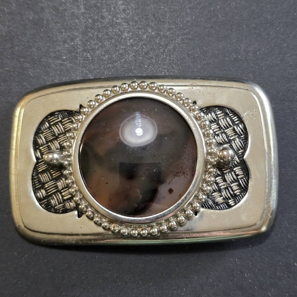 Western Belt Buckle Cowboy Banded Agate Stone Cowgirl Vintage 80s